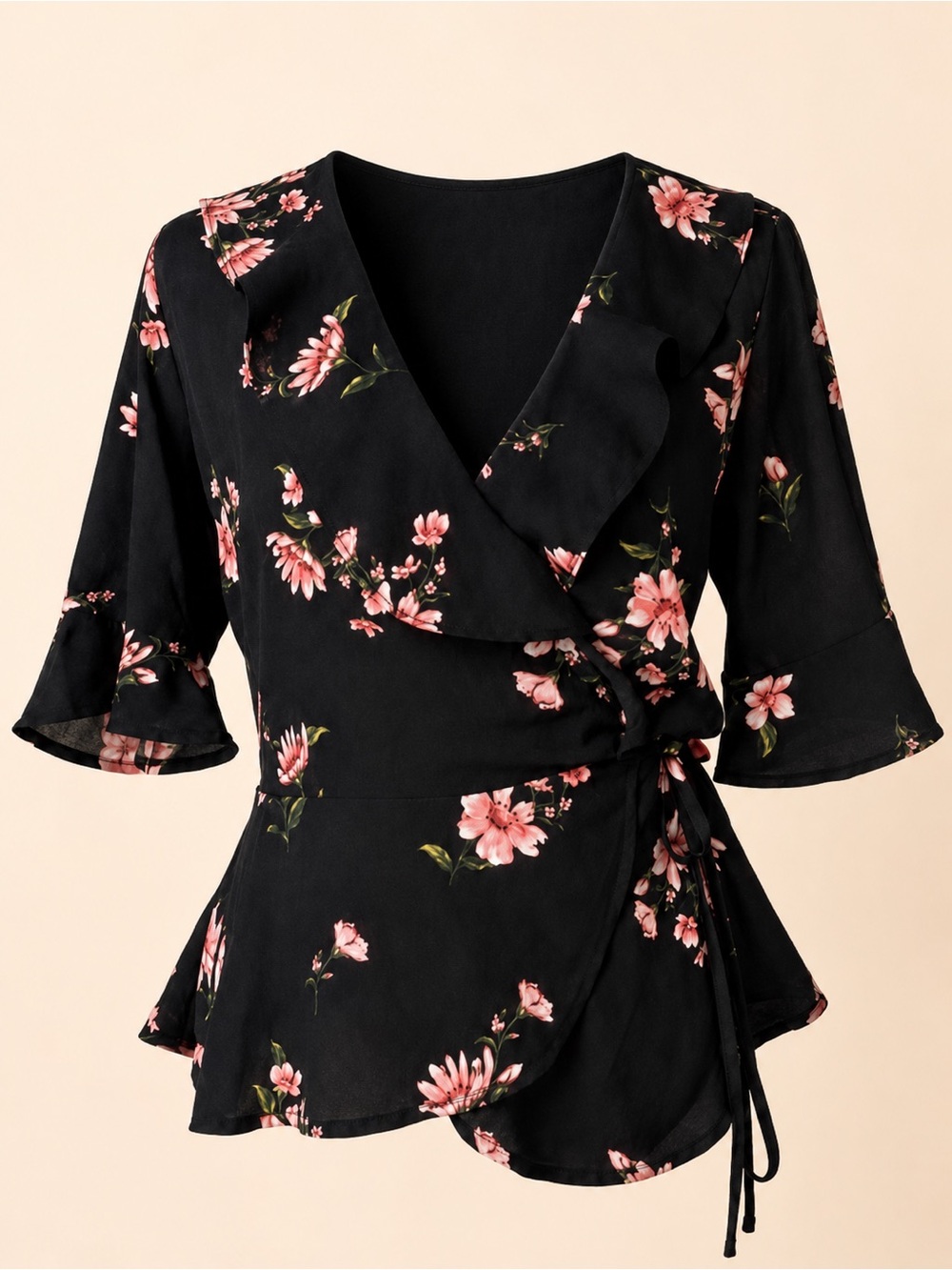 Lydelle Floral  Wrap Ruffle Peplum Blouse